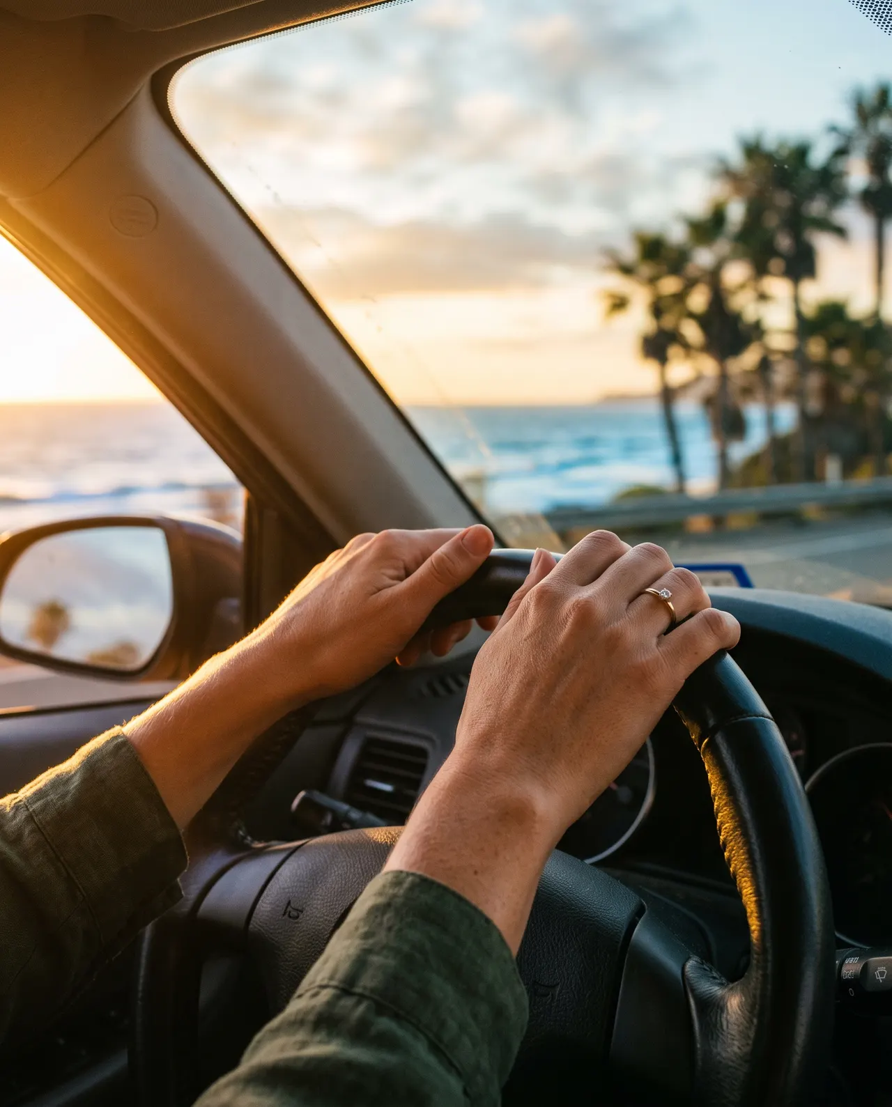 Hands resting on a steering wheel, golden light through the windshield, ocean beyond