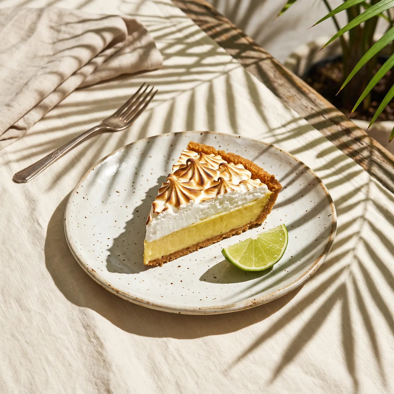 Slice of key lime pie with torched meringue in hard sunlight with palm shadows